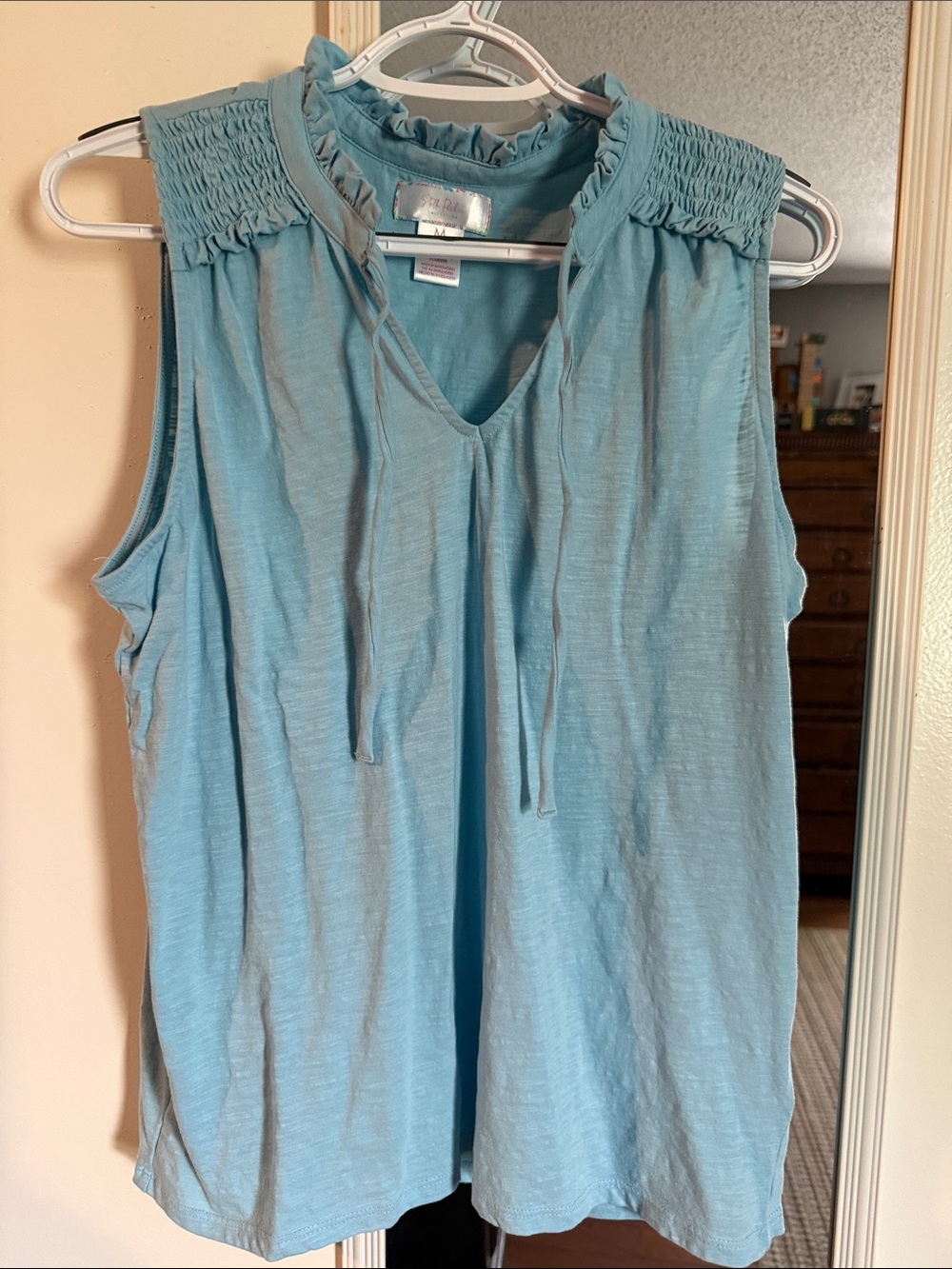 Smocked Yoke Sleeveless Tank Top in Light Blue